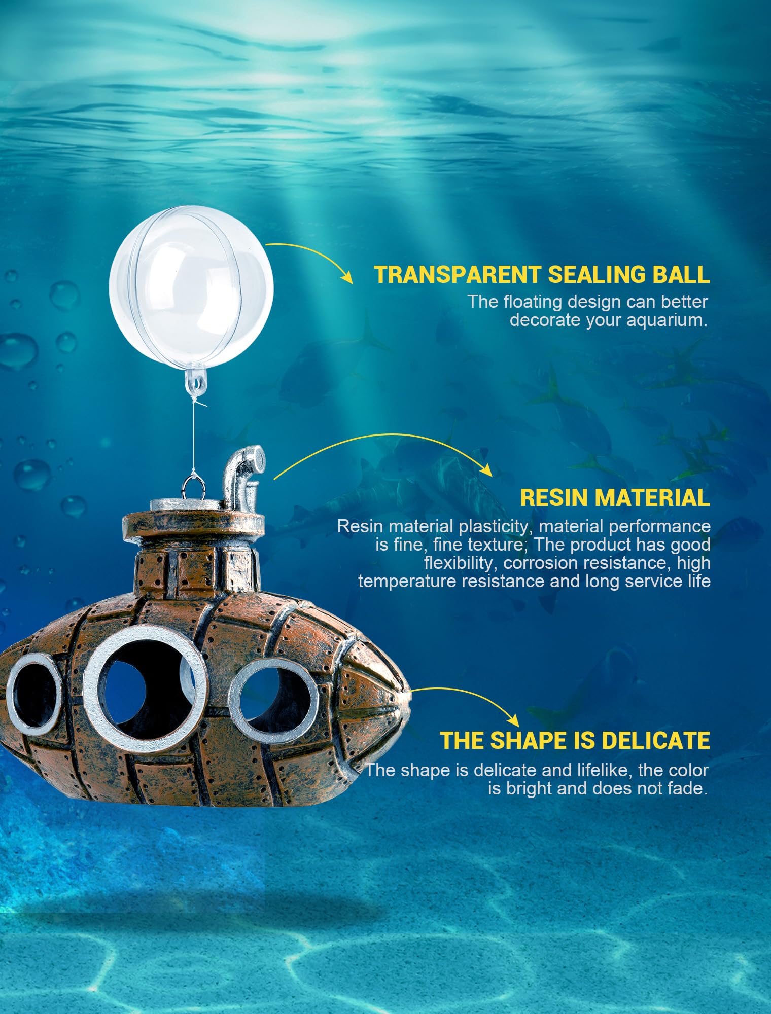 SARDVISA submarine with float balls supports buoyancy while brightening tank decor.