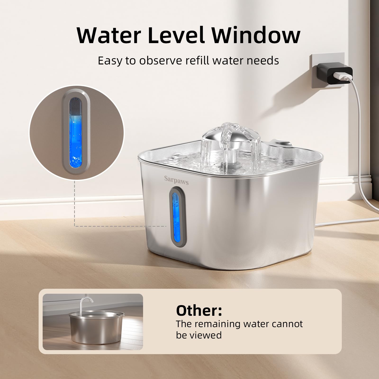 Sarpaws 74oz capacity minimizes refills between trips.