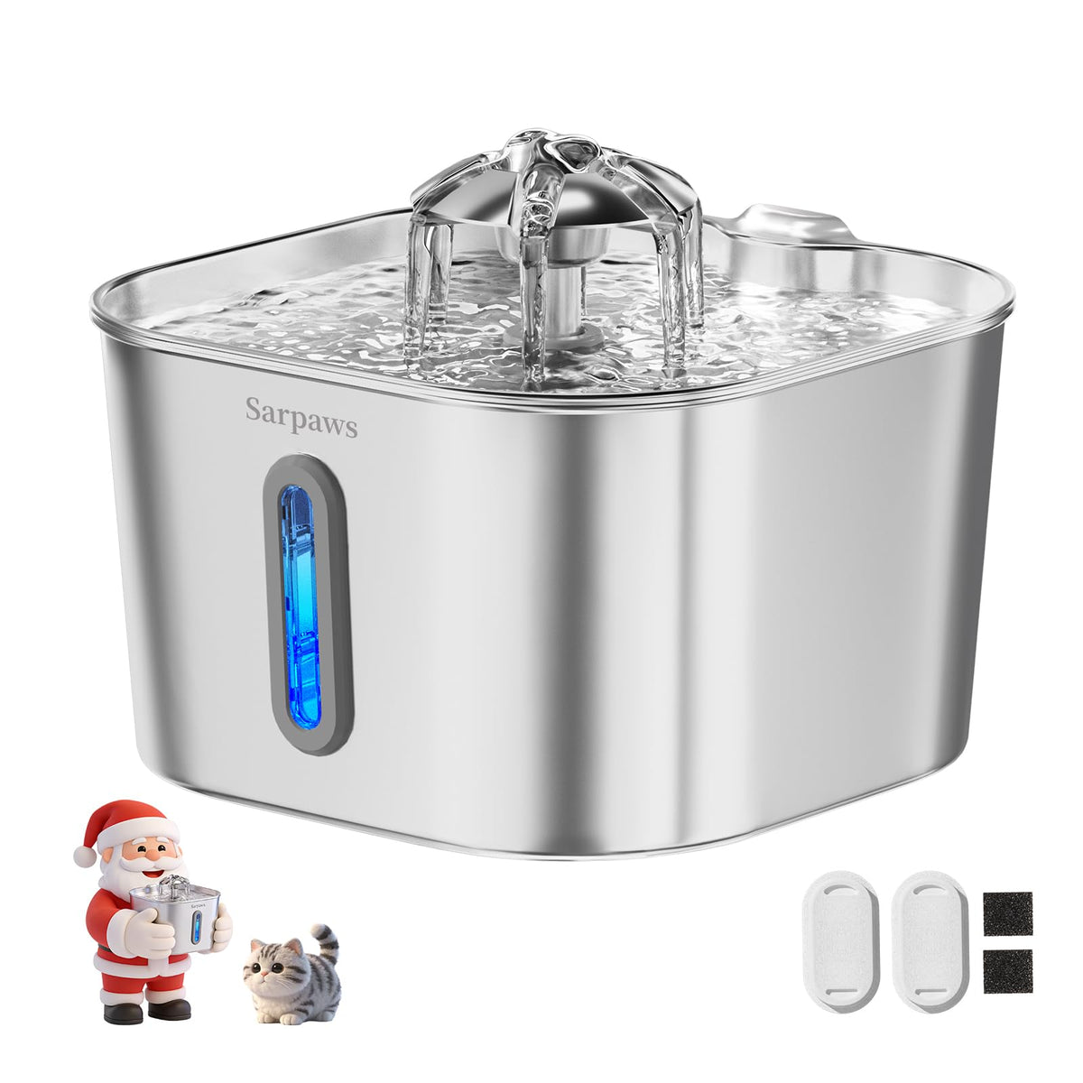Sarpaws cat water fountain stainless steel front view supports clean hydration.