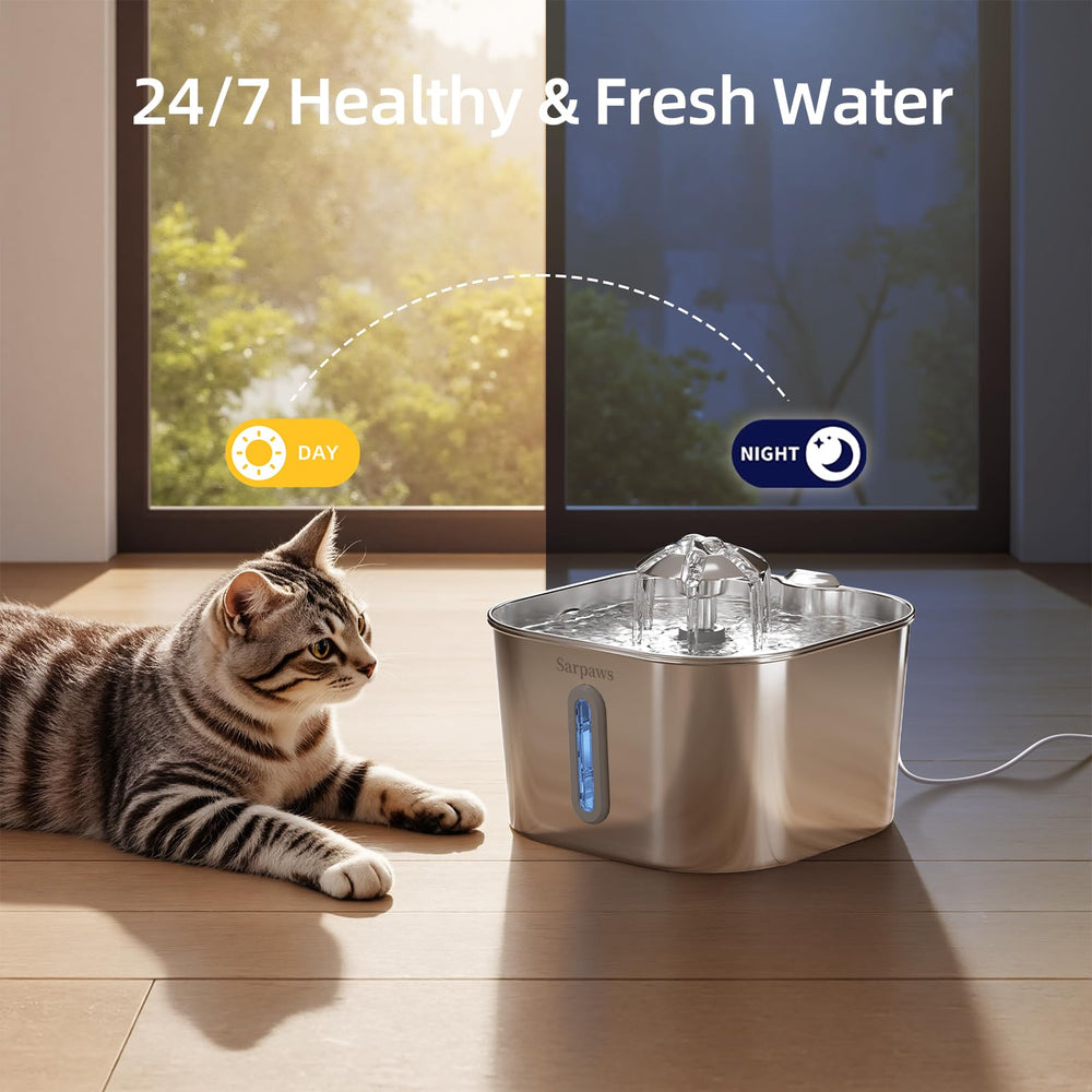 Sarpaws stainless steel fountain features ultra-quiet 5V pump for calm homes.