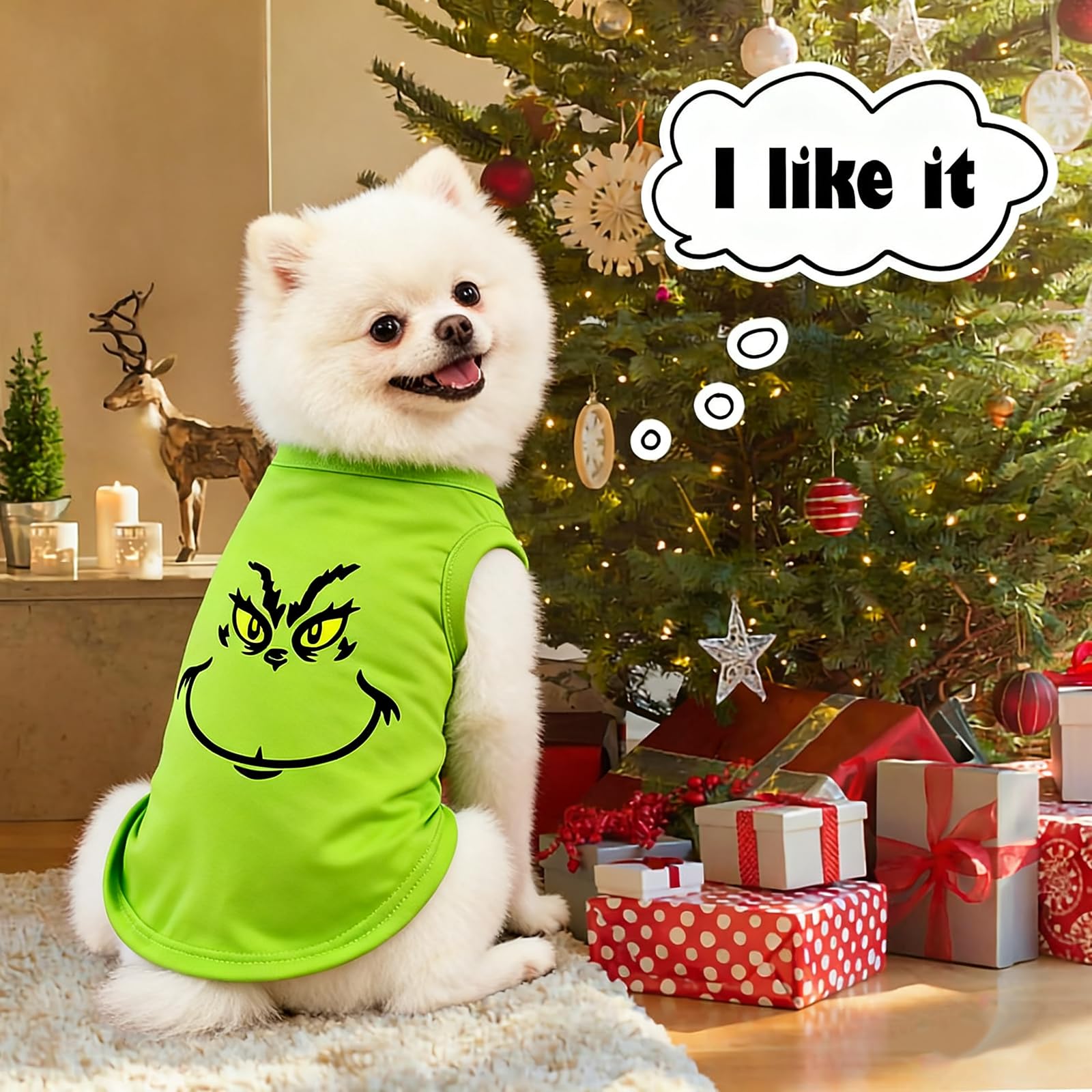 Sarybei Christmas Dog Shirt side view highlights festive green print and comfortable fit.