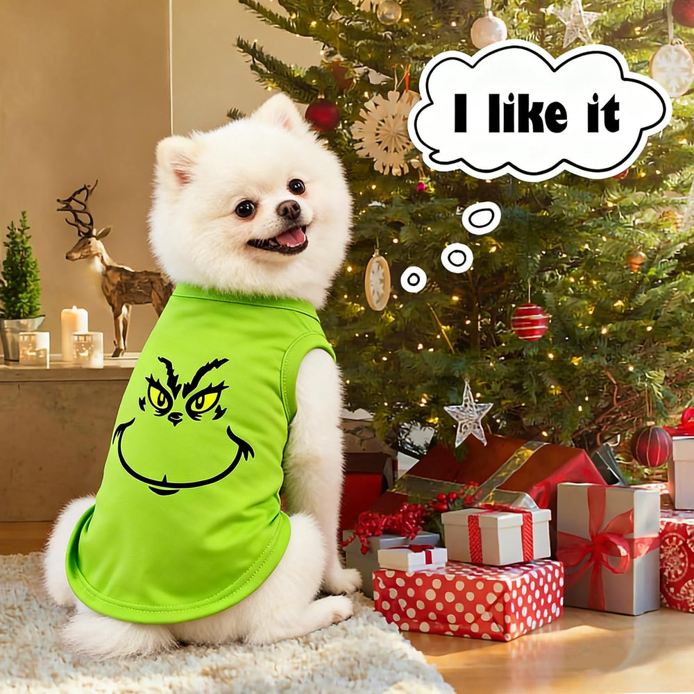 Sarybei Christmas Dog Shirt side view highlights festive green print and comfortable fit.