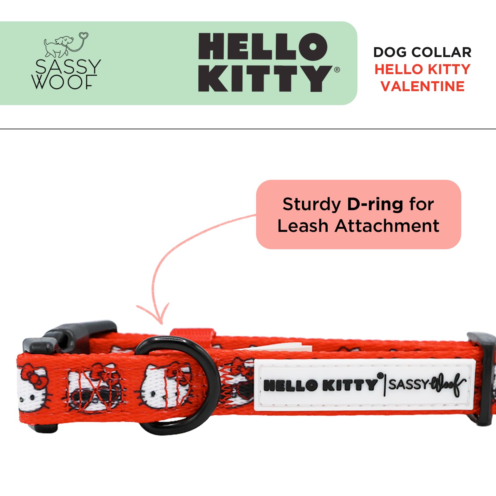 Sassy Woof Hello Kitty Red Classic dog collar, close-up buckle for secure attachment.