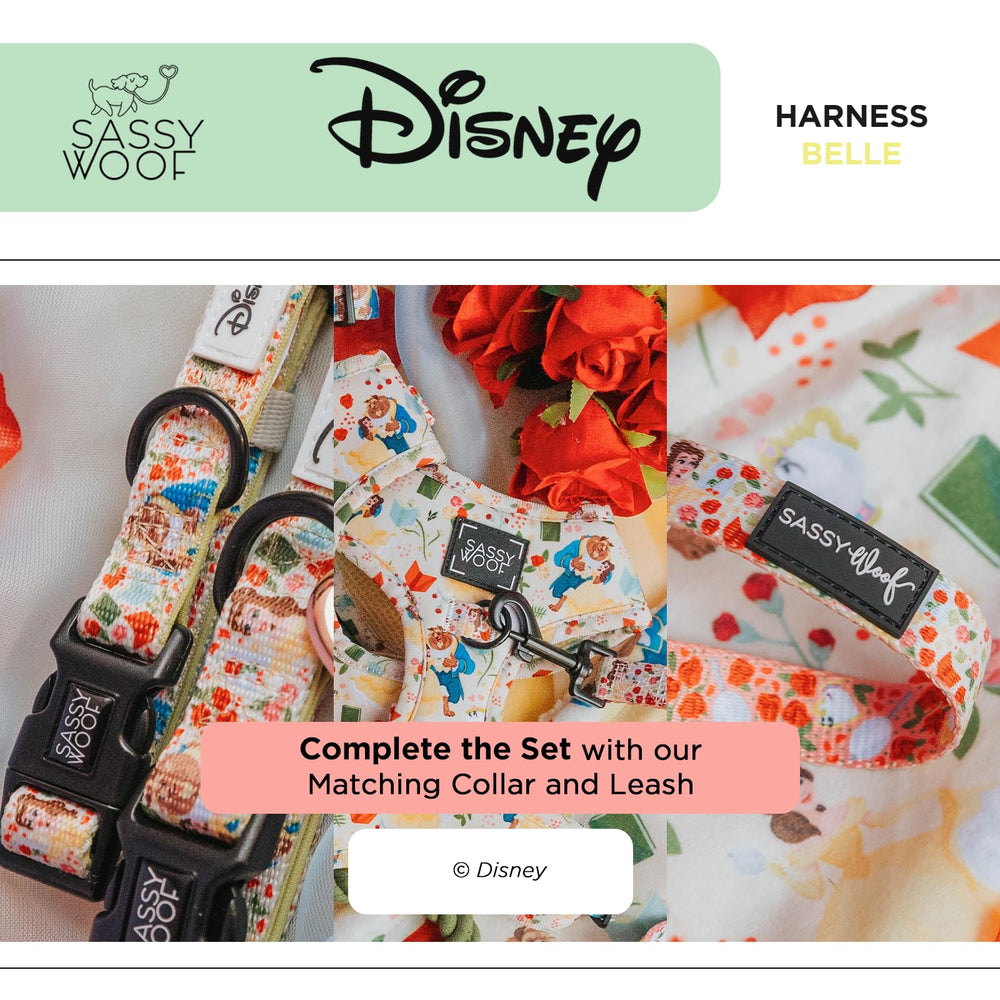 Sassy Woof Disney Belle harness complete set coordinates with leash and collar.