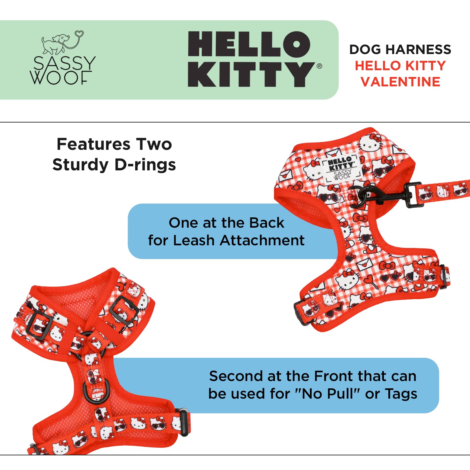 Sassy Woof Hello Kitty Red Classic XL harness front D-ring for no-pull training.