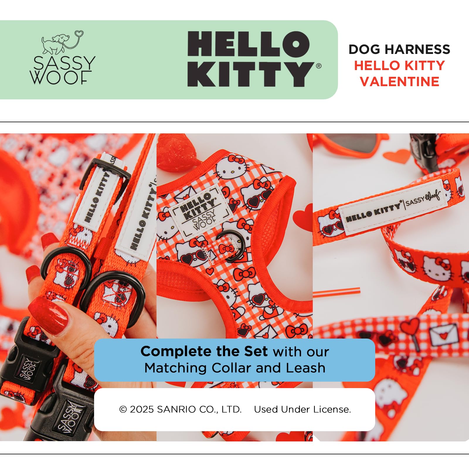 Sassy Woof Hello Kitty Red Classic XL harness matches with leash and collar for coordinated look.