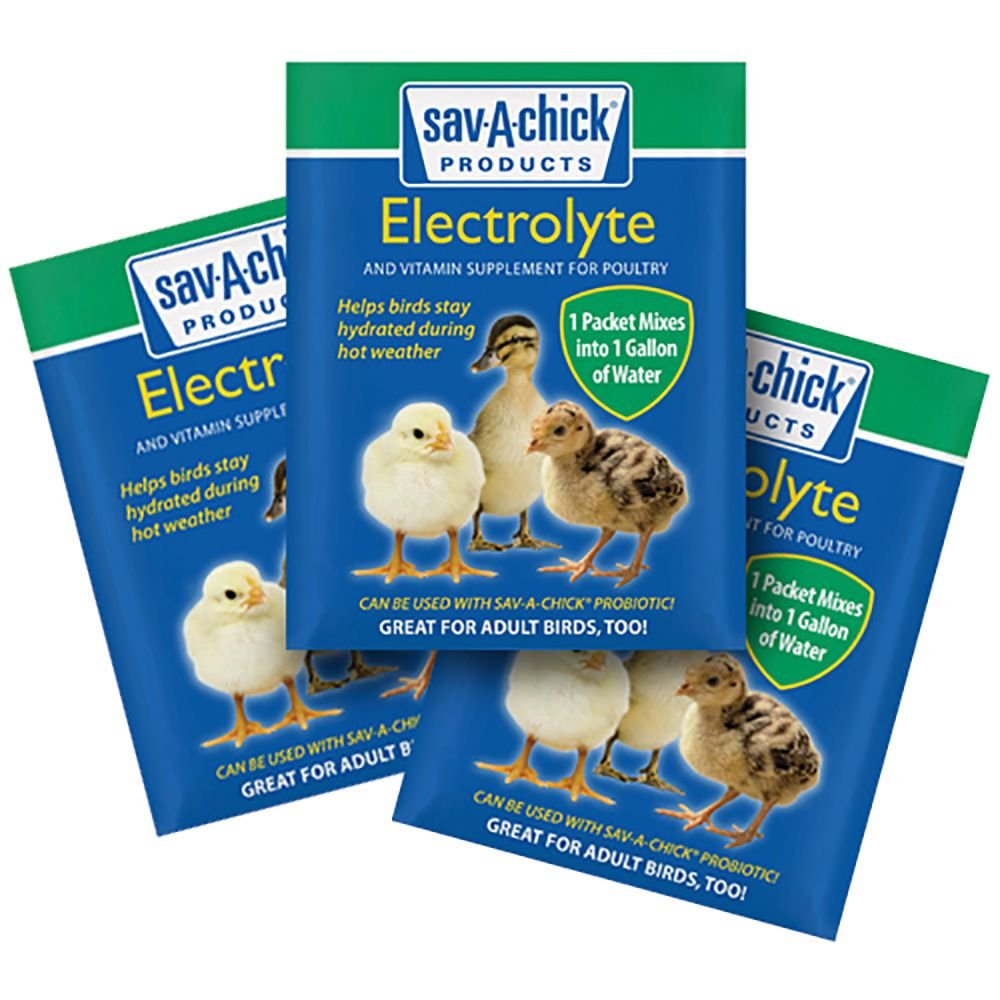 Sav-A-Caf Sav-A-Chick electrolyte strip packaging with pre-measured packets for poultry hydration during heat