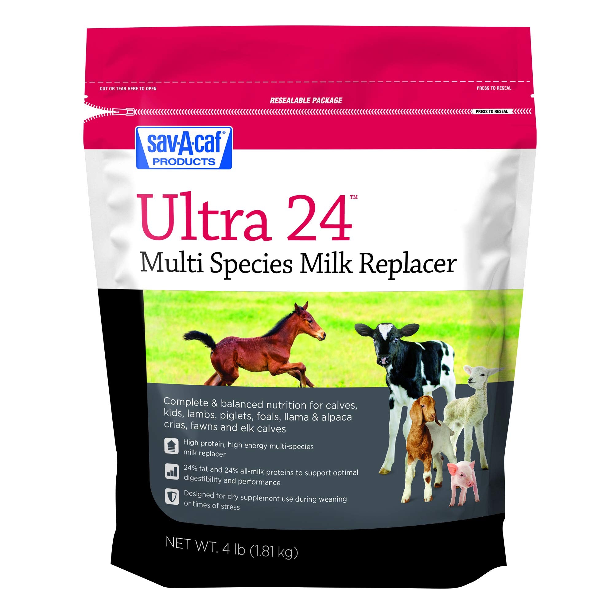 Sav-A-Caf Ultra 24 milk replacer bag seal shows resealable packaging for long-term freshness.