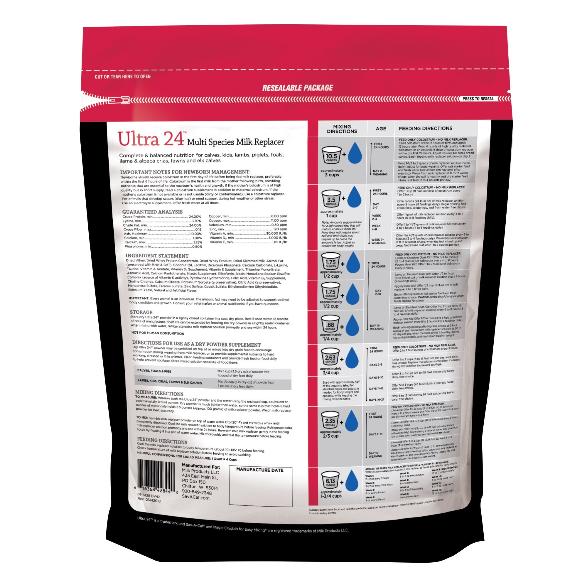 Sav-A-Caf Ultra 24 milk replacer mixing bottle demonstrates easy reconstitution for calves.