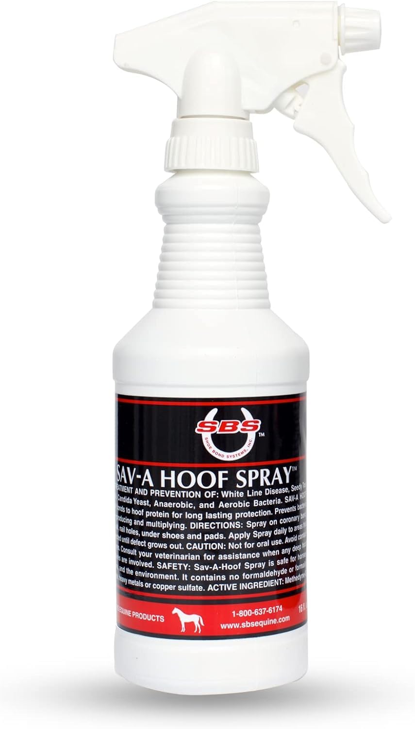 SAV-A-HOOF SBS Equine Spray bottle applying antiseptic barrier to hoof.