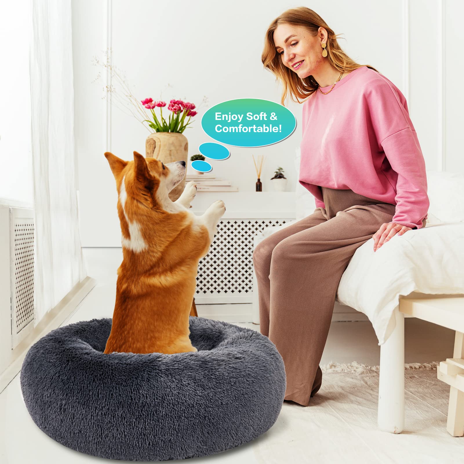 SAVFOX Calming Dog Bed donut shape fits snugly in beds and crates.