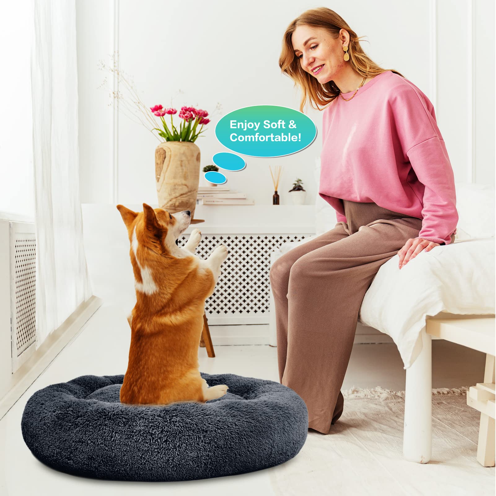 SAVFOX Plush Calming Donut Bed washable cover for easy cleaning.