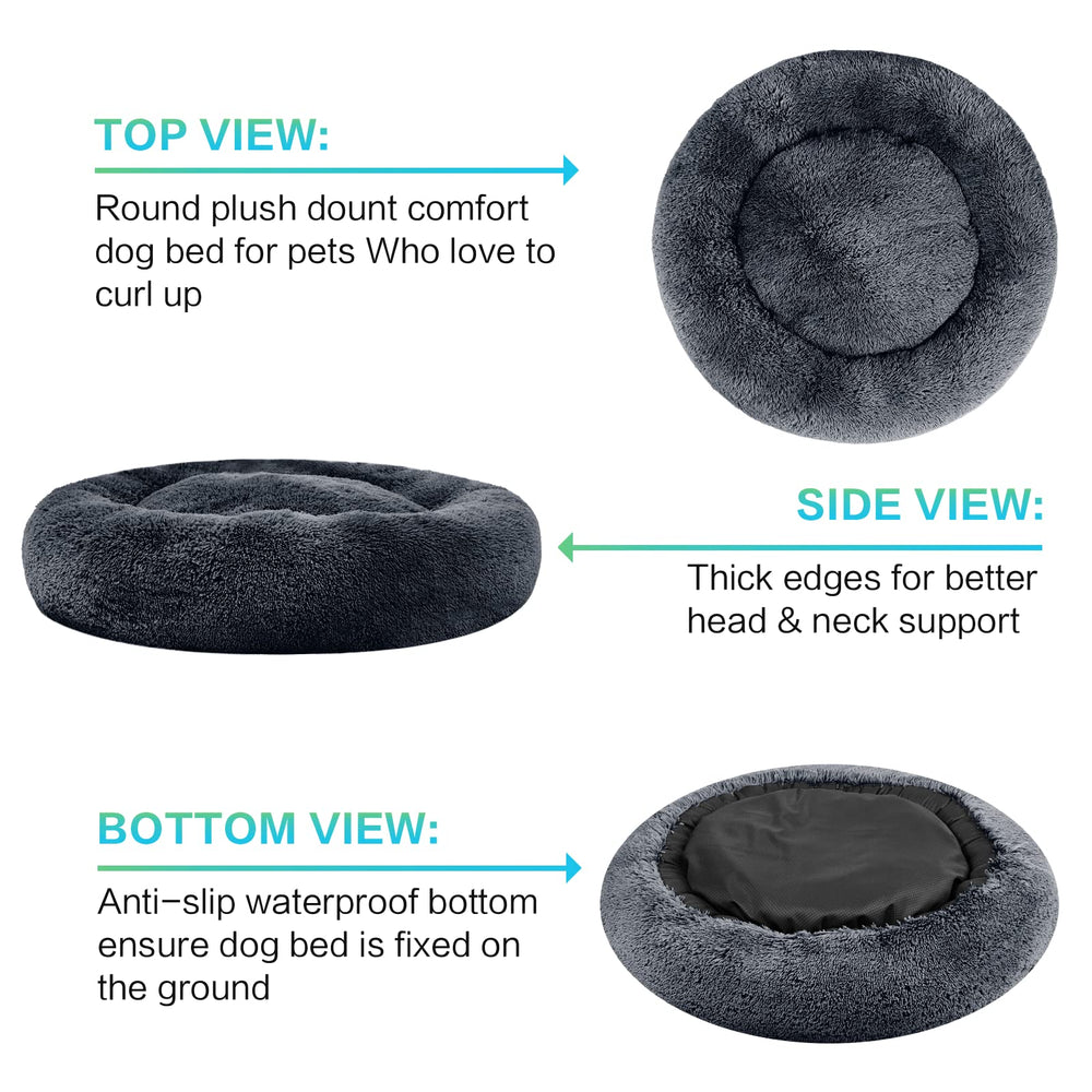SAVFOX Plush Calming Donut Bed non-slip base on a wooden floor.