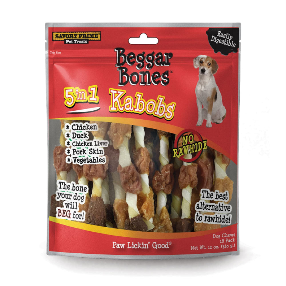 Savory Prime Beggar Bones 8in Kabobs image demonstrates a grain-free dog chew for long-lasting entertainment.