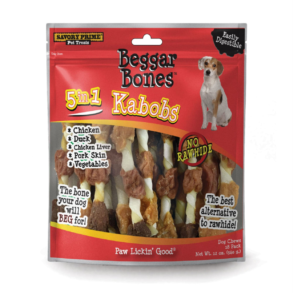 Savory Prime Beggar Bones 8in Kabobs image demonstrates a grain-free dog chew for long-lasting entertainment.