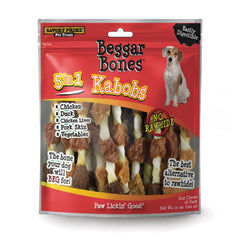 Savory Prime Beggar Bones 8in Kabobs image demonstrates a grain-free dog chew for long-lasting entertainment.
