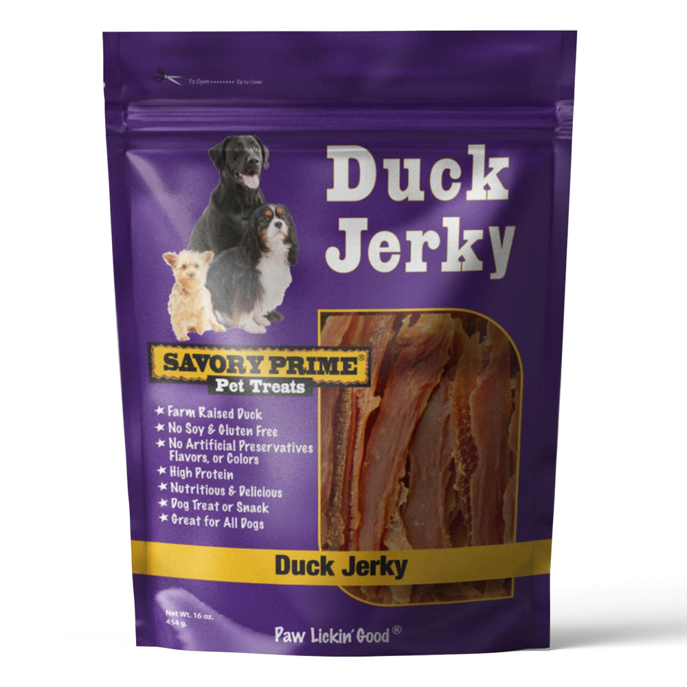 Savory Prime Duck Jerky packaging shows farm-raised protein for a tasty training reward.