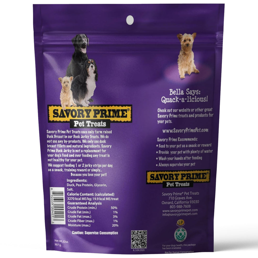 Savory Prime Duck Jerky easily digestible treat for dogs.