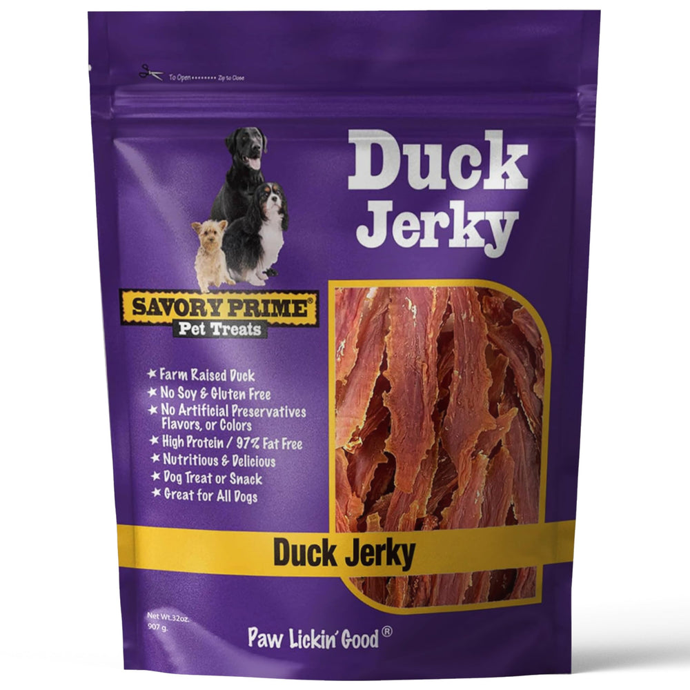 Savory Prime Duck Jerky pack shot of the 2 lb bag, a daily dog reward.