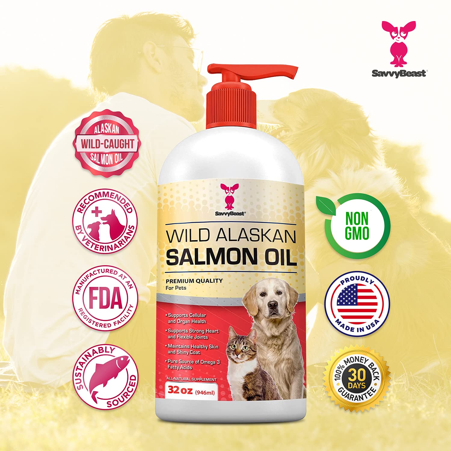 SavvyBeast oil bottle shows EPA and DHA focus for omega-3 support