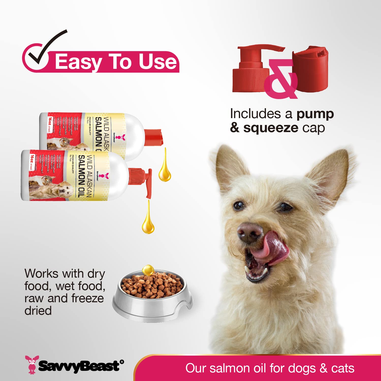 SavvyBeast unscented salmon oil bottle with clean-label highlight