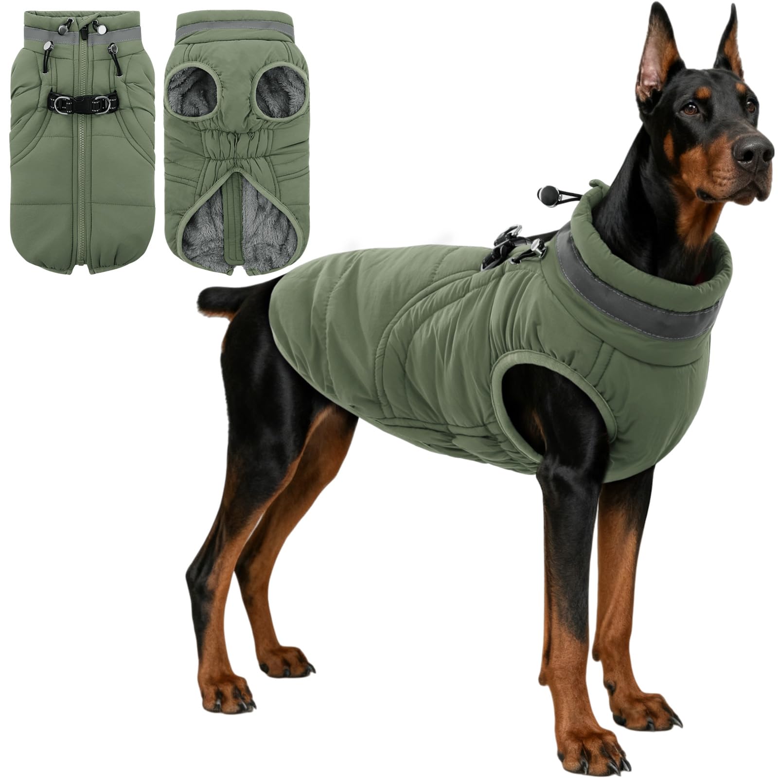 SAWMONG dog coat front view in green showcasing warm waterproof exterior