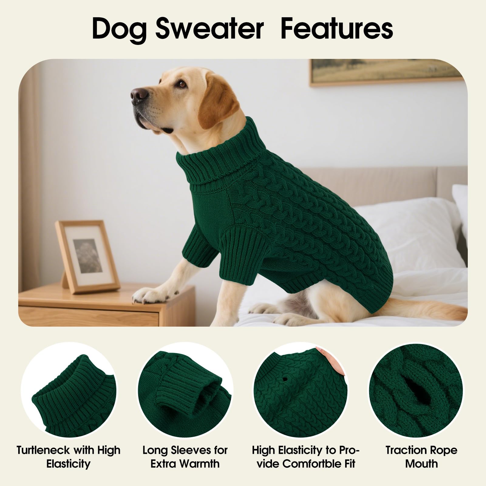 SAWMONG Dog Sweater green foldable-collar detail highlights neck protection and easy on/off