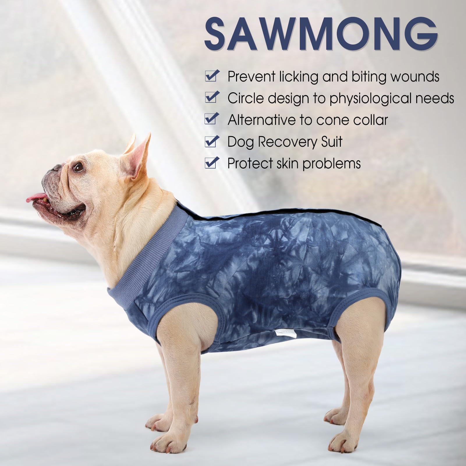 SAWMONG Recovery Suit on a dog emphasizes comfortable fit and wearability