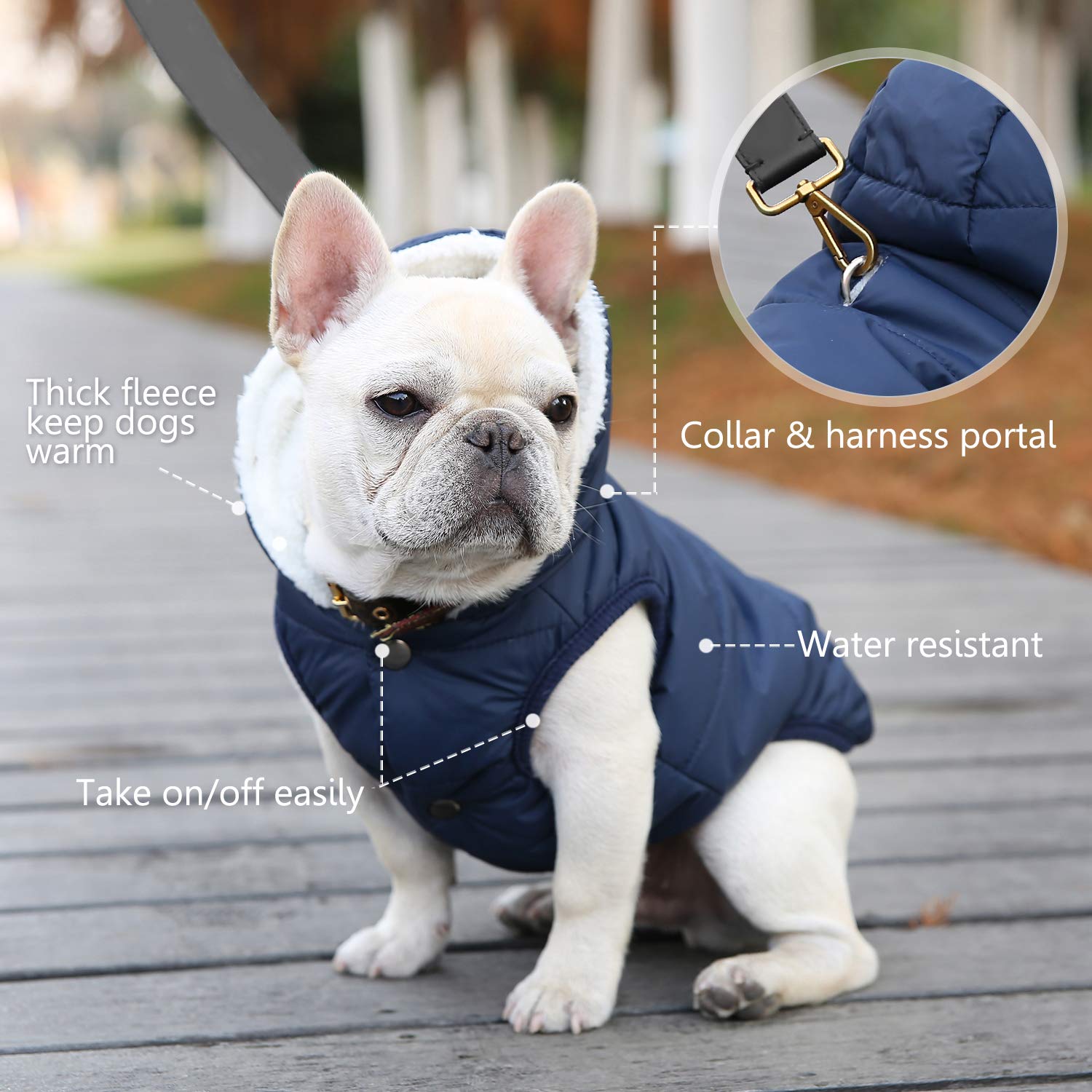SAWMONG windproof dog coat snaps close-up for easy on/off in minutes