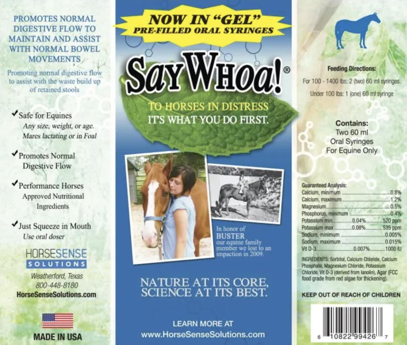 SAY WHOA GEL packaging shows two syringes per horse.
