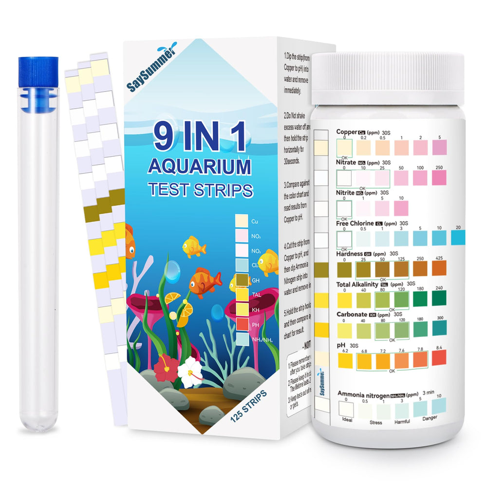 SaySummer aquarium test strips package shows the 9-in-1 kit for reliable testing