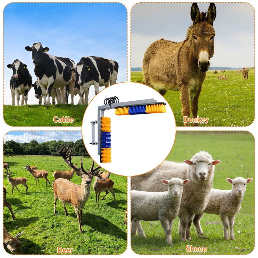 Sayutie yellow livestock brush mounted on a fence post; easy installation with included screws.