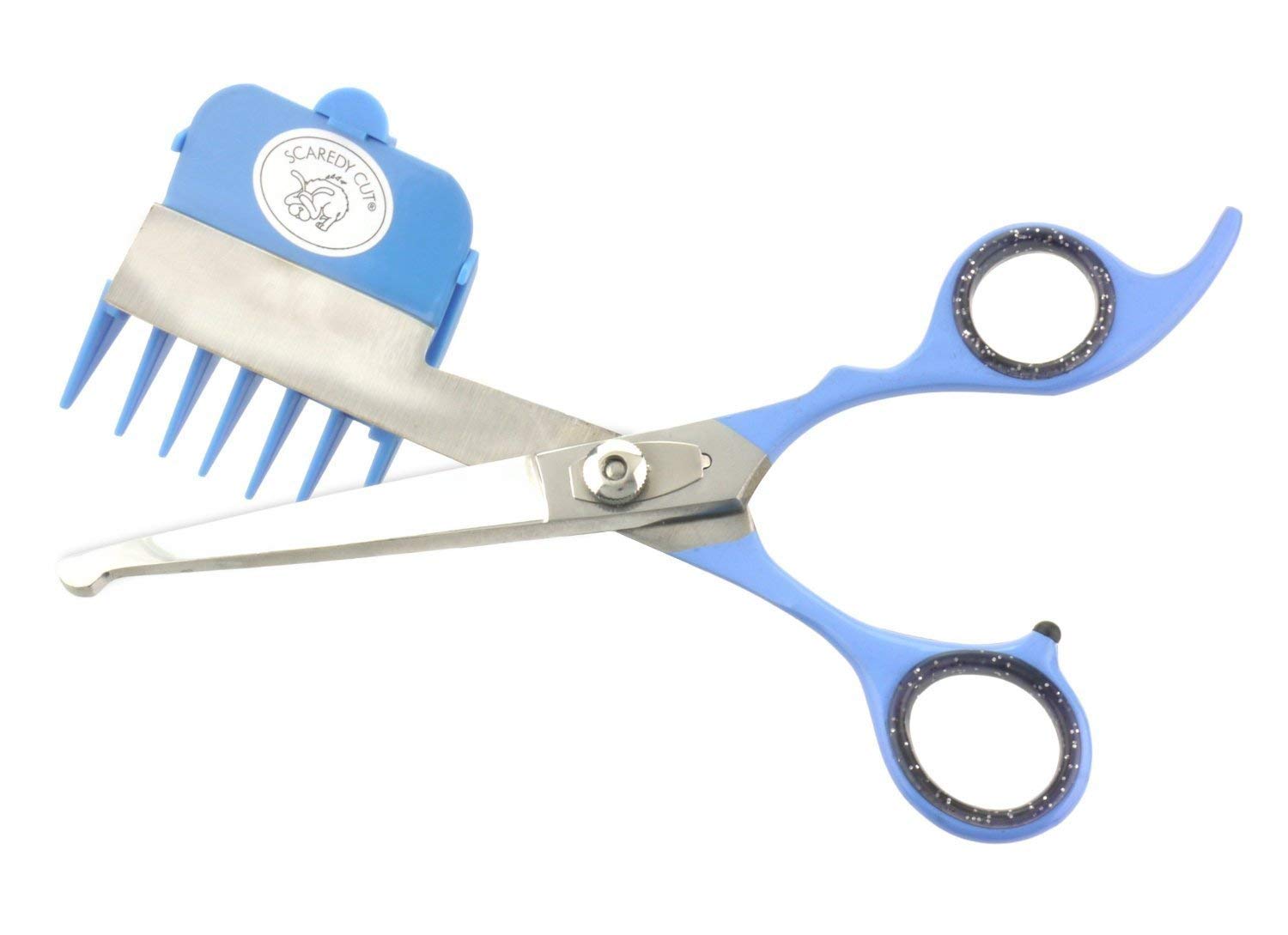 Scaredy Cut silent kit shows seven combs for customizable pet trims.
