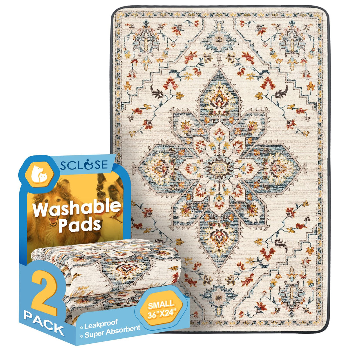 SCLOSE washable pee pad front view showing 36x24 size for training spaces