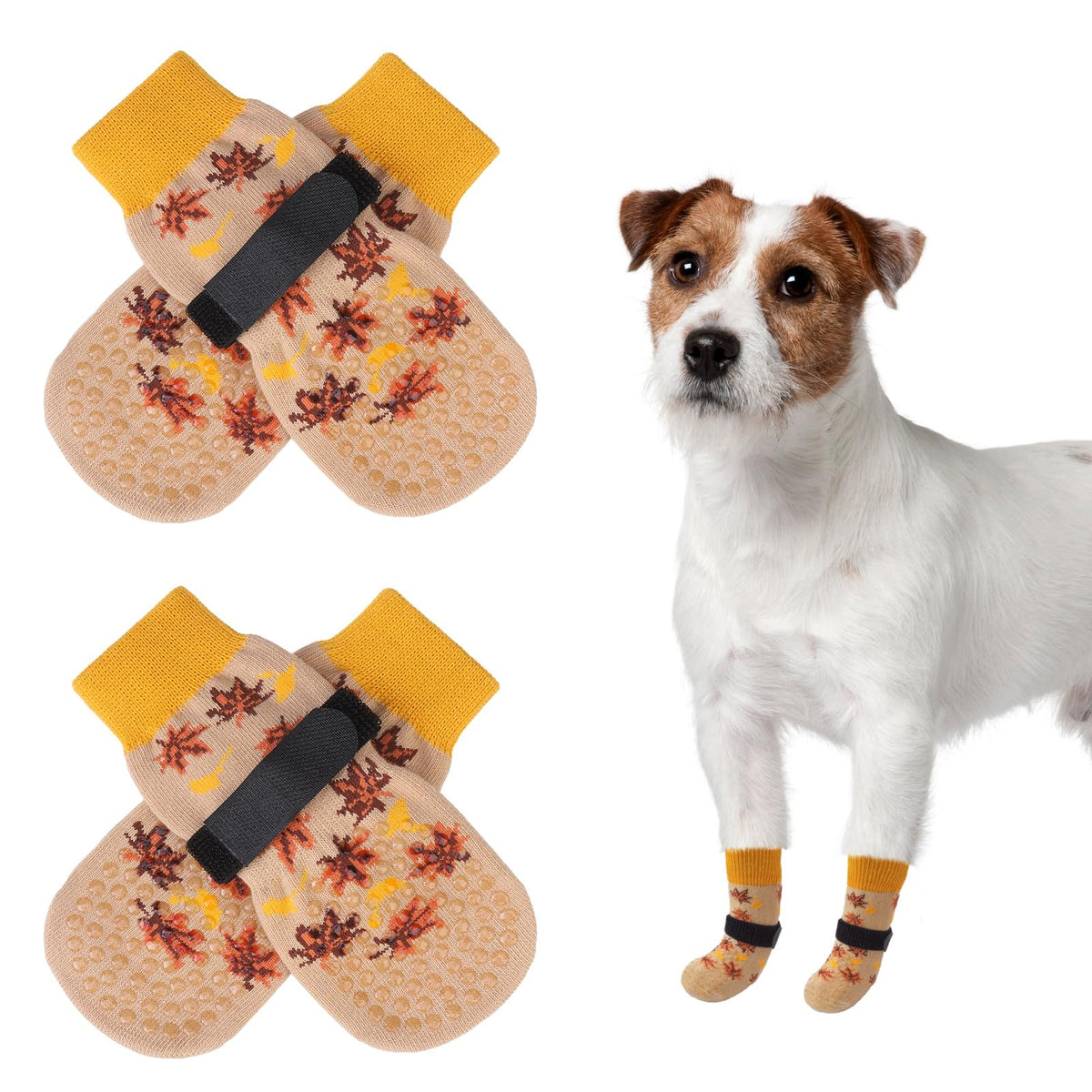SCENEREAL anti slip dog socks front view with dual grip for slippery floors.