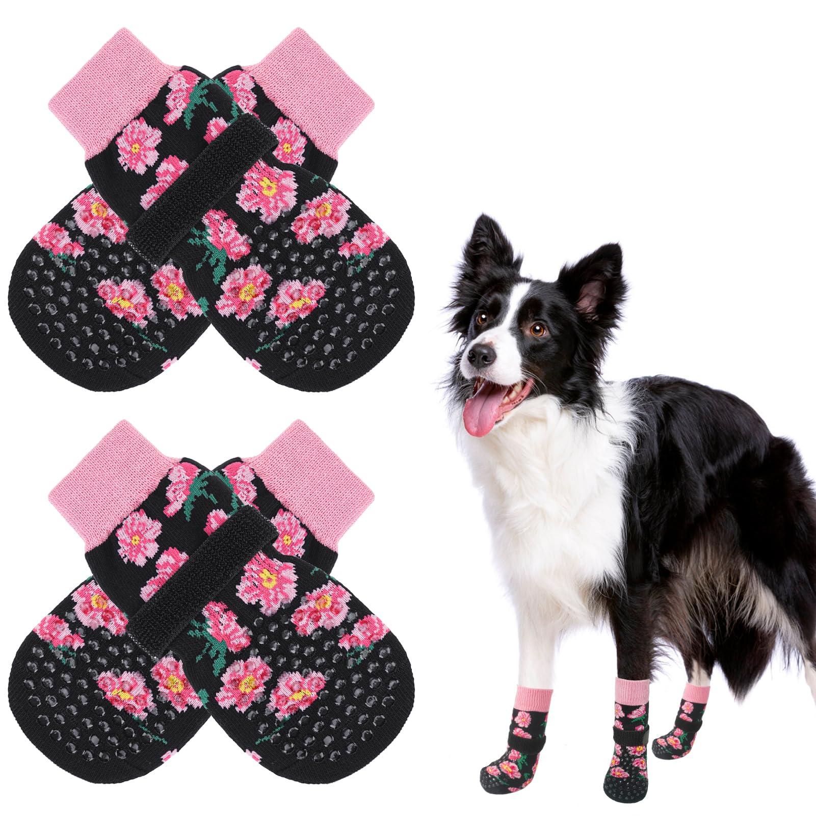 SCENEREAL anti-slip dog socks show top and bottom grips for secure traction on hardwood floors.