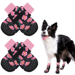 SCENEREAL anti-slip dog socks show top and bottom grips for secure traction on hardwood floors.