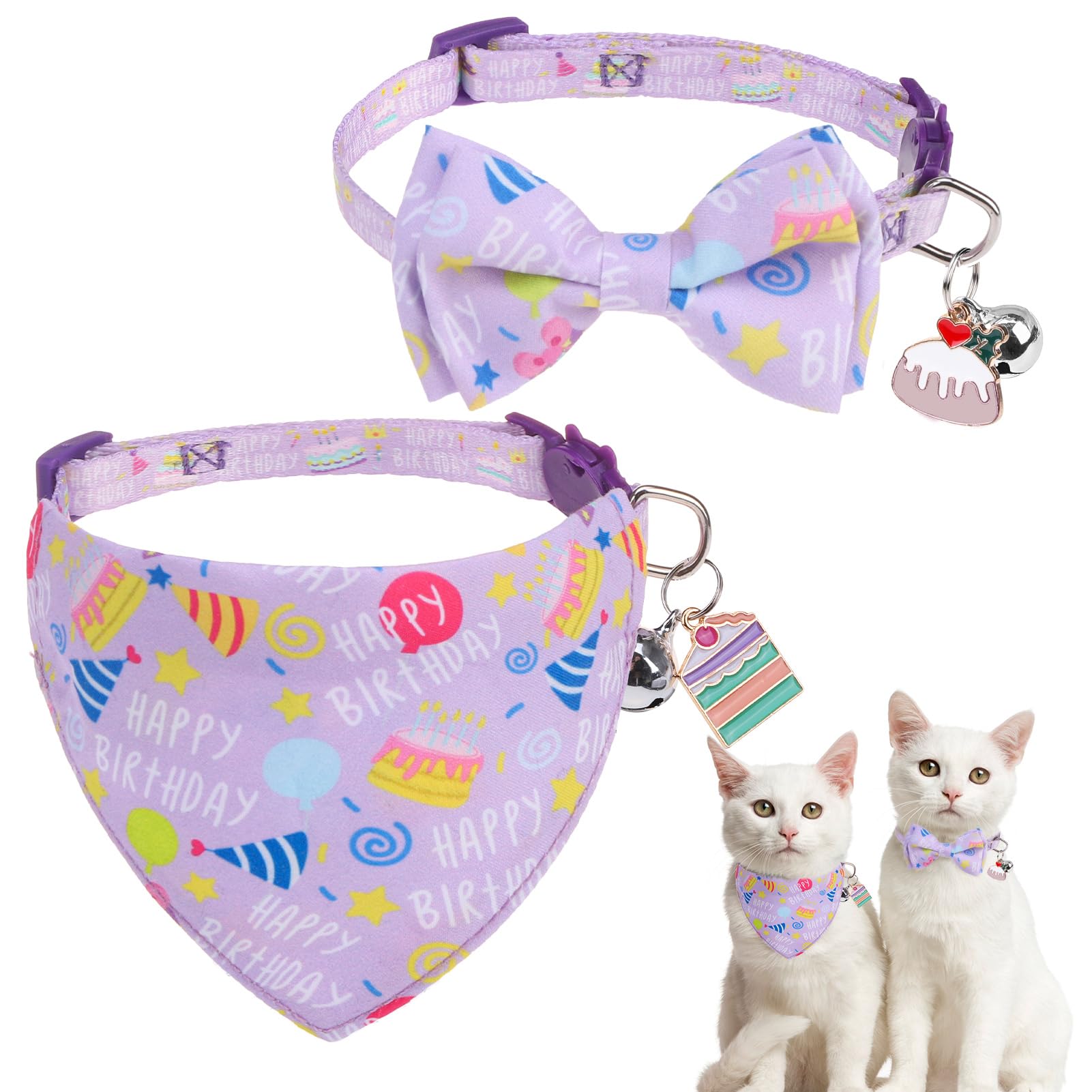 SCENEREAL cat bandana collar 2-pack display for festive birthday looks.