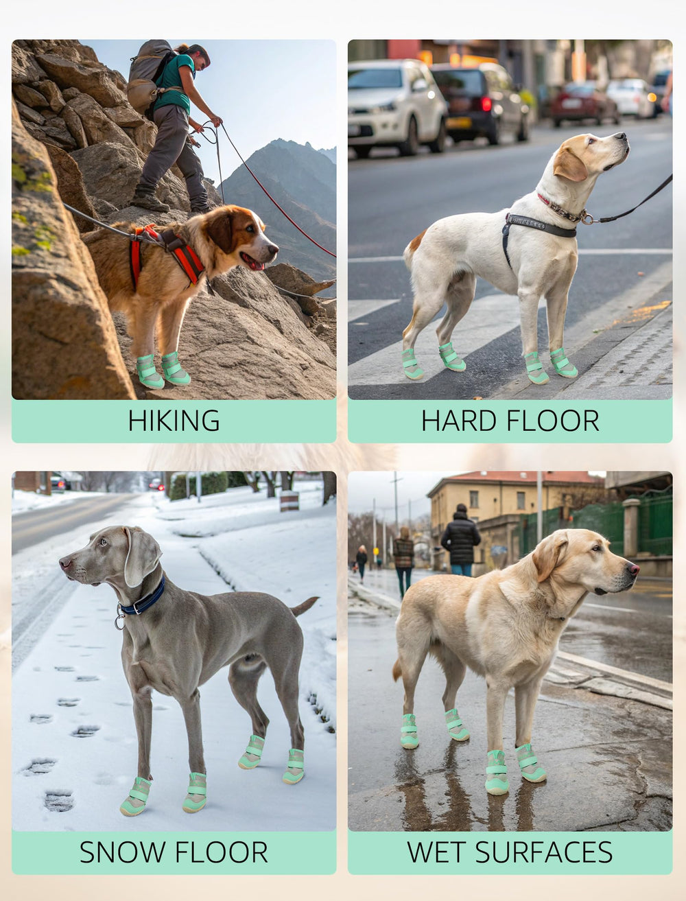 SCENEREAL dog boots for outer urban walks protect paws from debris and wet pavement.