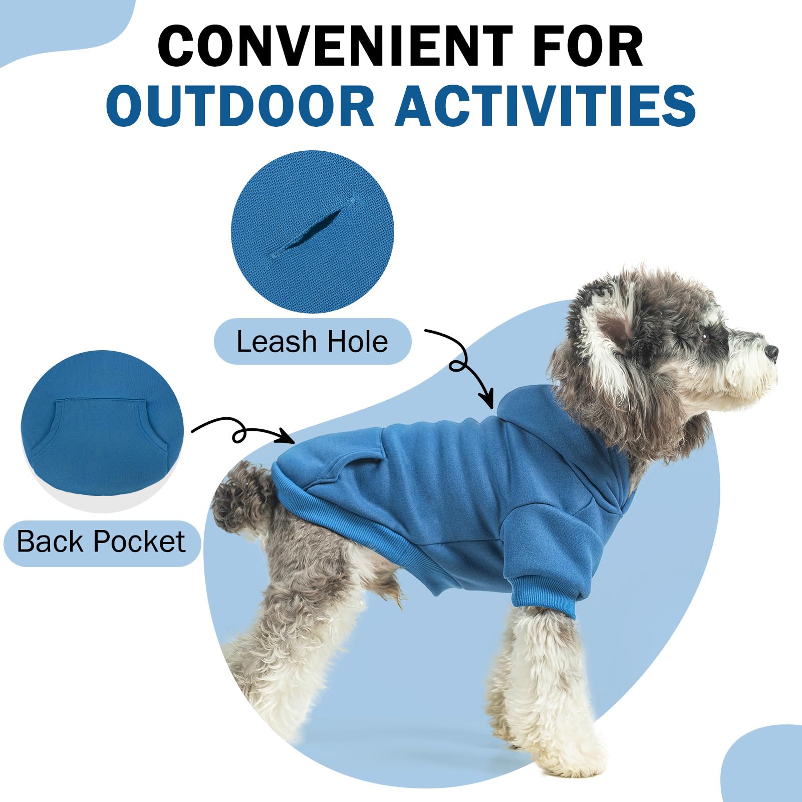 SCENEREAL dog hoodie blue close-up emphasizes stretch fabric for comfortable all-day wear