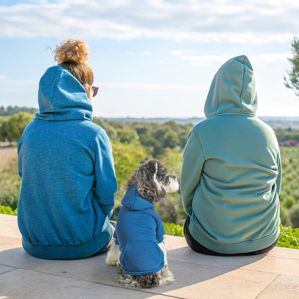 SCENEREAL dog hoodie blue size-chart-fit demonstrates easy sizing for S to XL