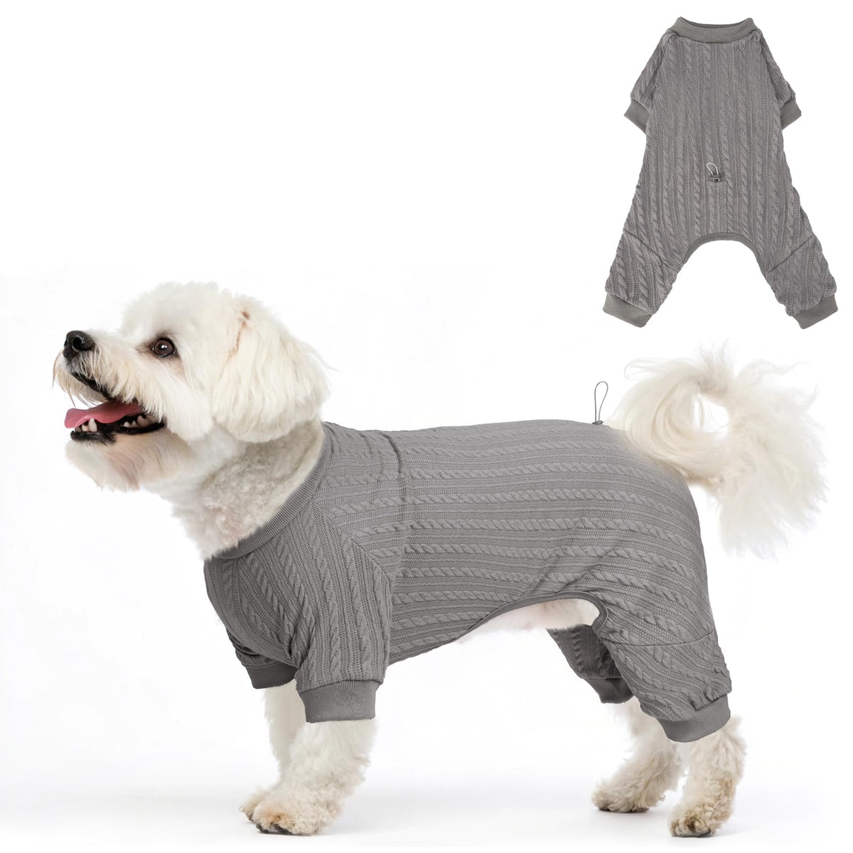 SCENEREAL dog pajamas grey front view showing cozy all-season warmth.