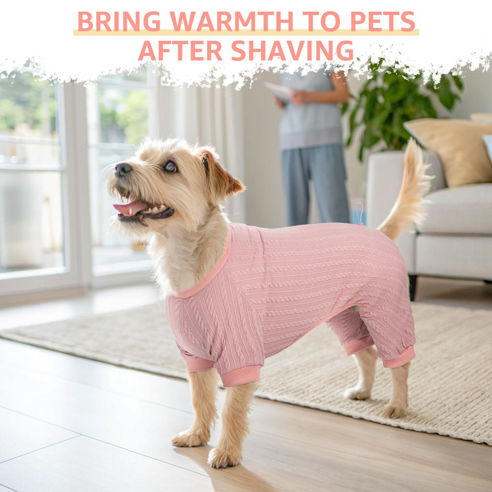 SCENEREAL dog pajamas model wearing pink for indoor outdoor style and comfort.