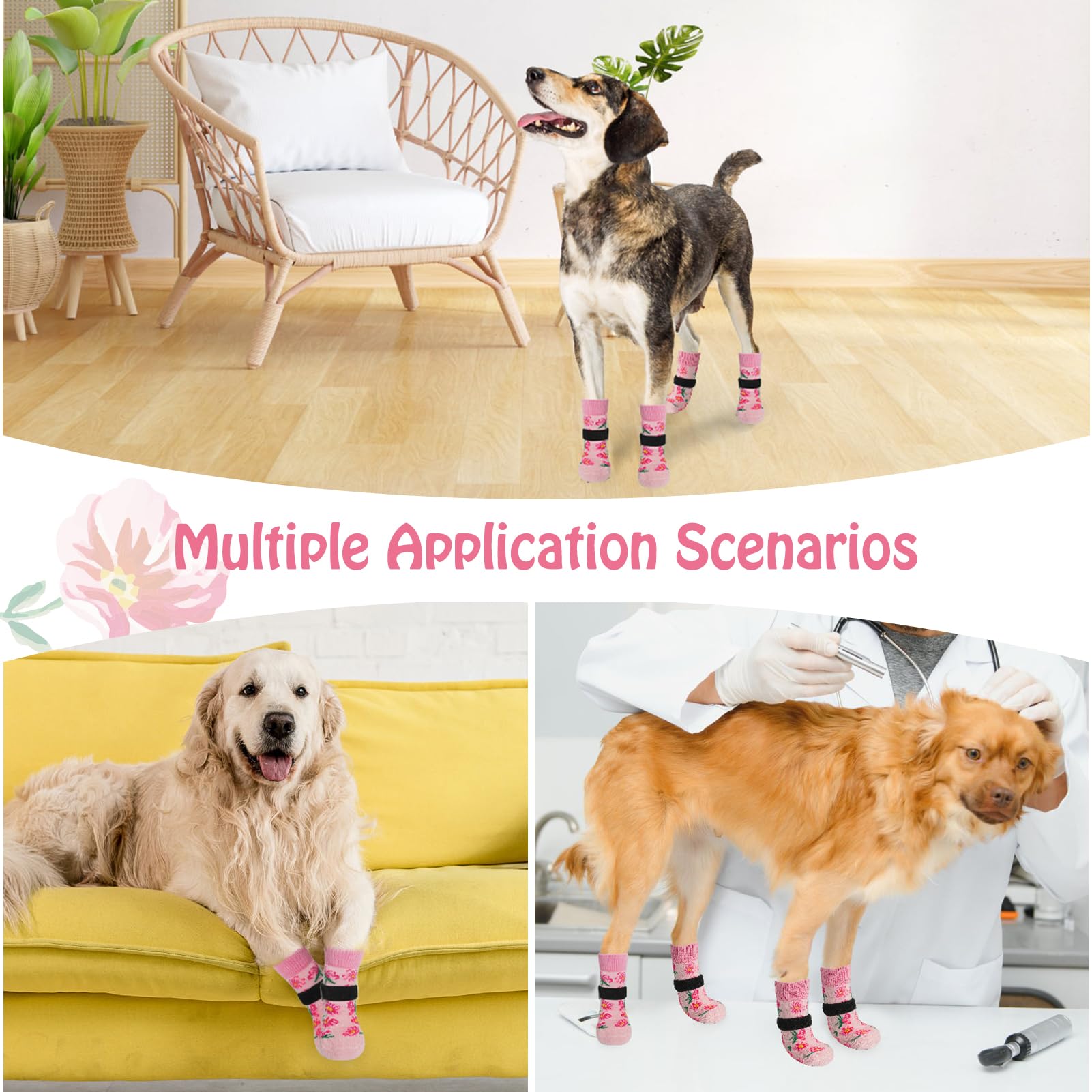 SCENEREAL dog socks size S measurement image shows paw width and length.