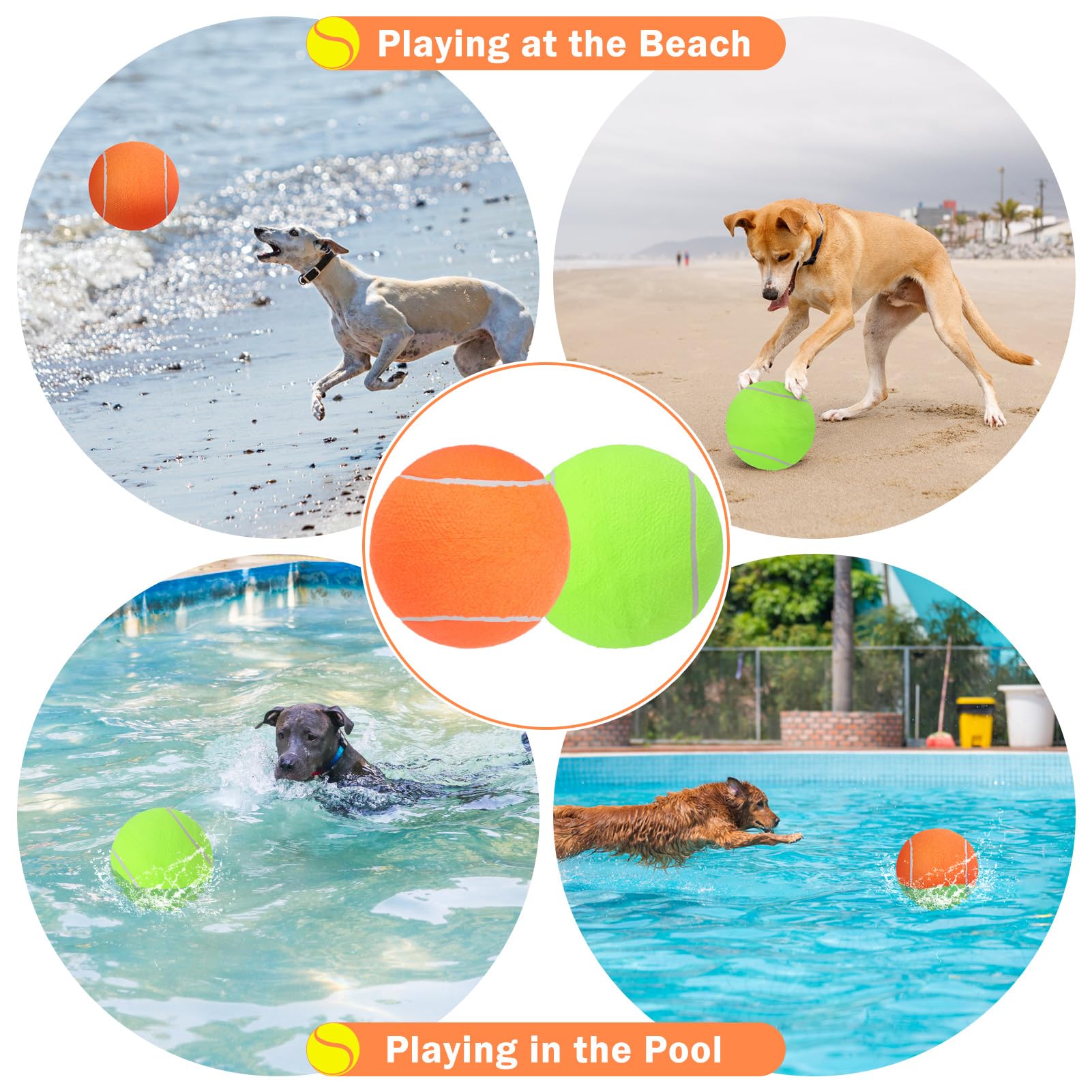 SCENEREAL Giant Tennis Ball close-up shows natural rubber and felt surface gentle on pets' teeth.