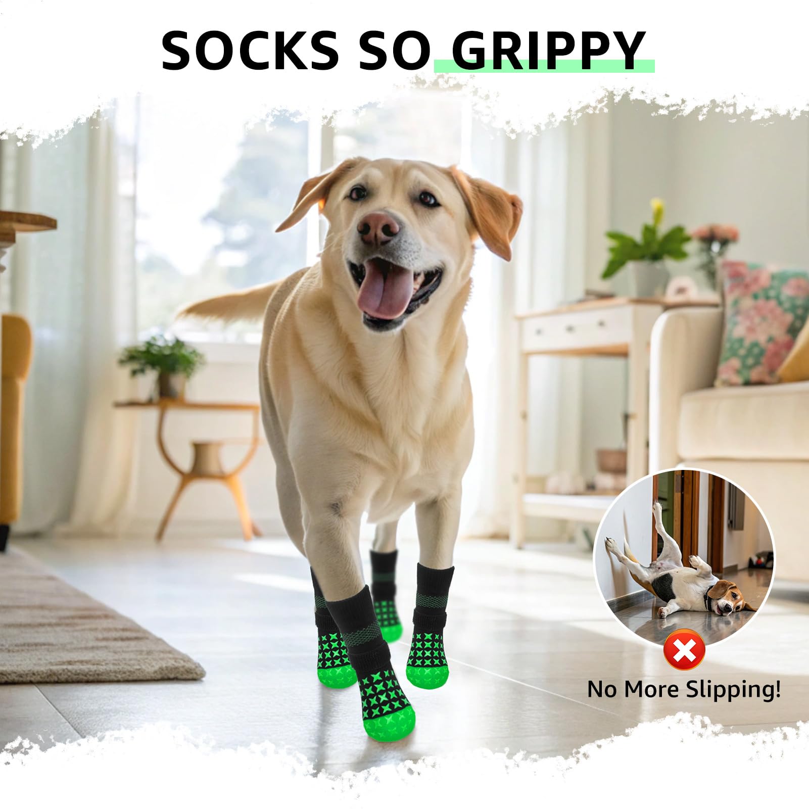 SCENEREAL green L dog socks shown on paw for cozy protection.