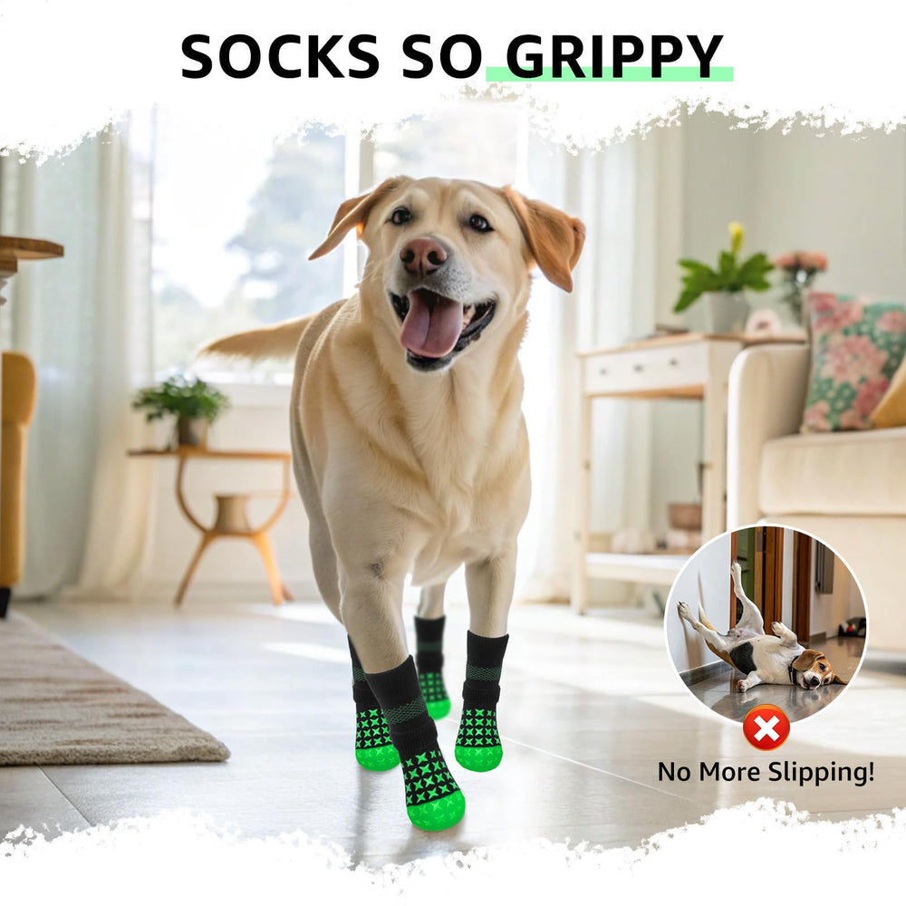 SCENEREAL green L dog socks shown on paw for cozy protection.