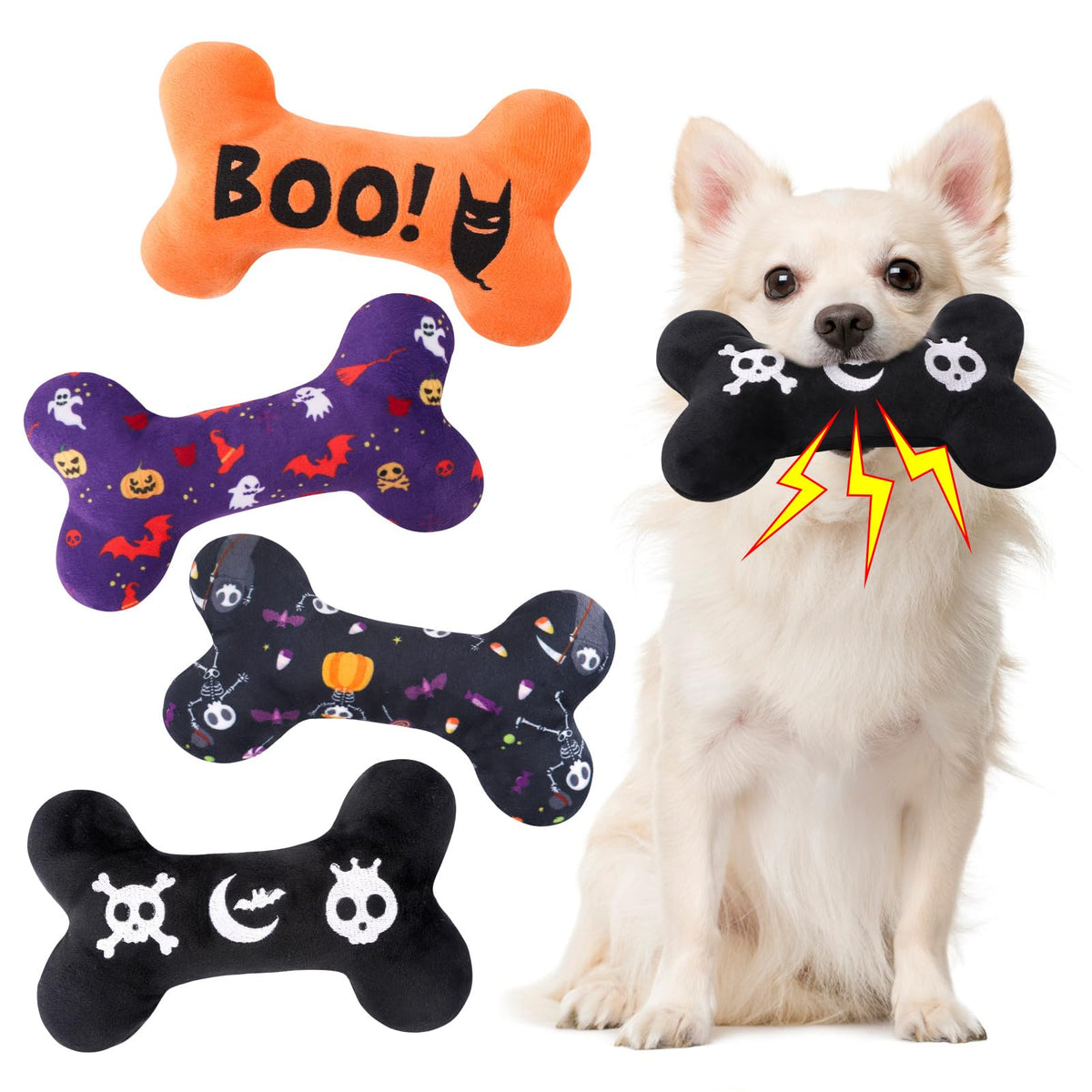 SCENEREAL Halloween 4-pack bone toy for dogs promotes interactive play and squeaky fun