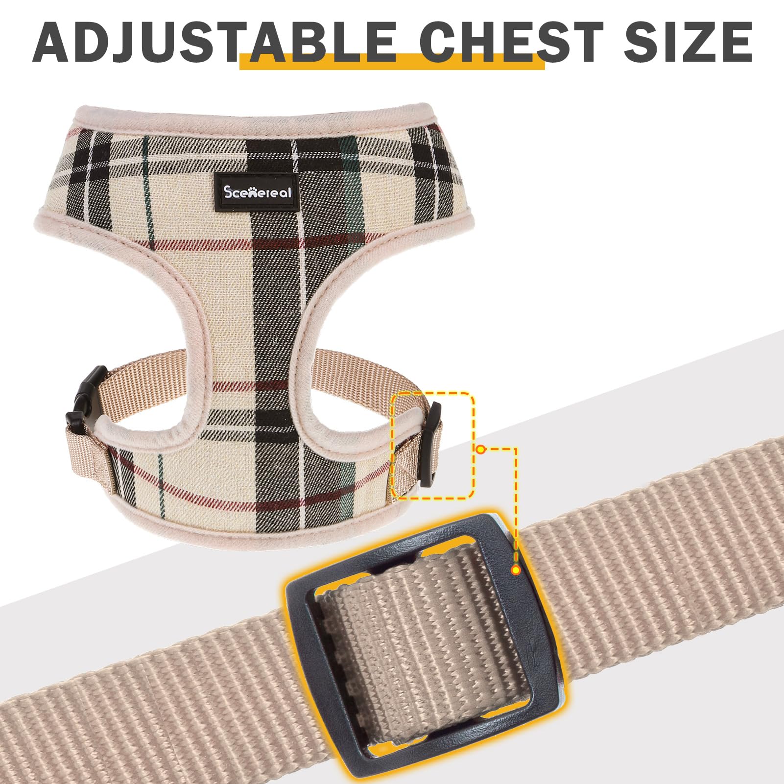SCENEREAL plaid-beige harness design suits most breeds with stylish flair.