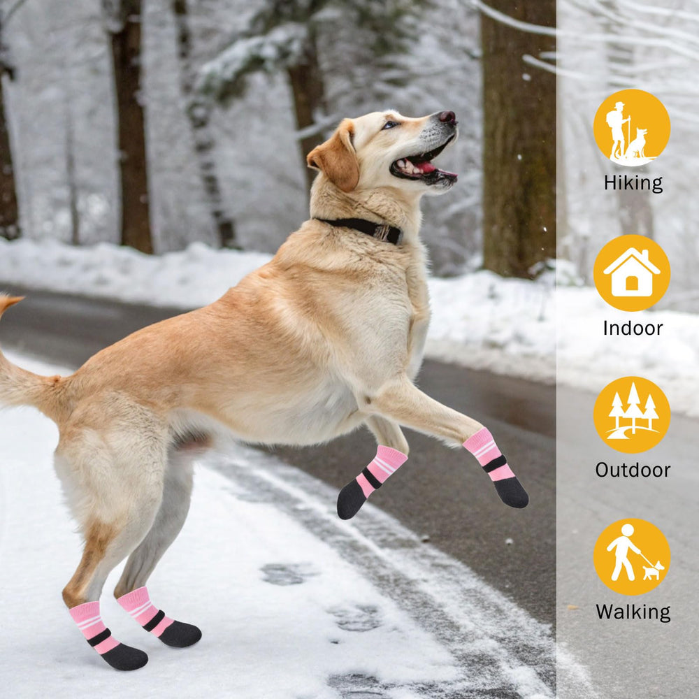 SCENEREAL pink dog boots on dog walking indoors for versatile protection.